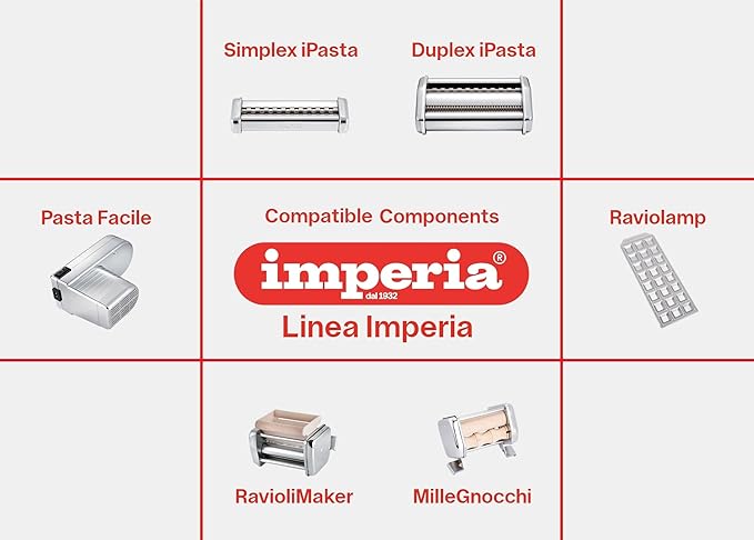 Imperia Pasta Maker Gift Set w Accessories- Includes Pasta Machine, Ravioli Mold Press, Wooden Rolling Pin & Cutter Attachment- Made in Italy- Durable Steel Construction- Make Fresh Homemade Noodles