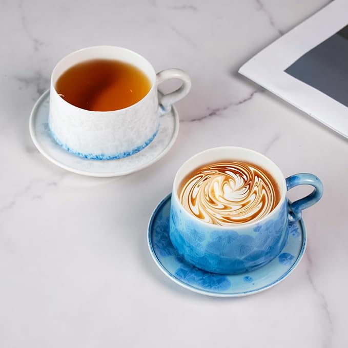 KAMMAK Tea Cups and Saucers set of 2, Porcelain Coffee Cups, 7.5oz Crystalline Glaze Espresso Mugs, Ceramic Demitasse for Coffee, Cappuccino, Latte, Americano, Tea (Dark Blue and White Blue)