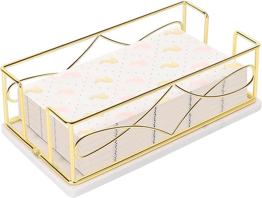 Napkin Holder with Marble Base, Guest Towel Paper Dispenser for Table, Modern Metal Napkin Stand, Ideal for All Bathroom Vanity, Kitchen Decor Accessories (Gold, 3.2 Inch)