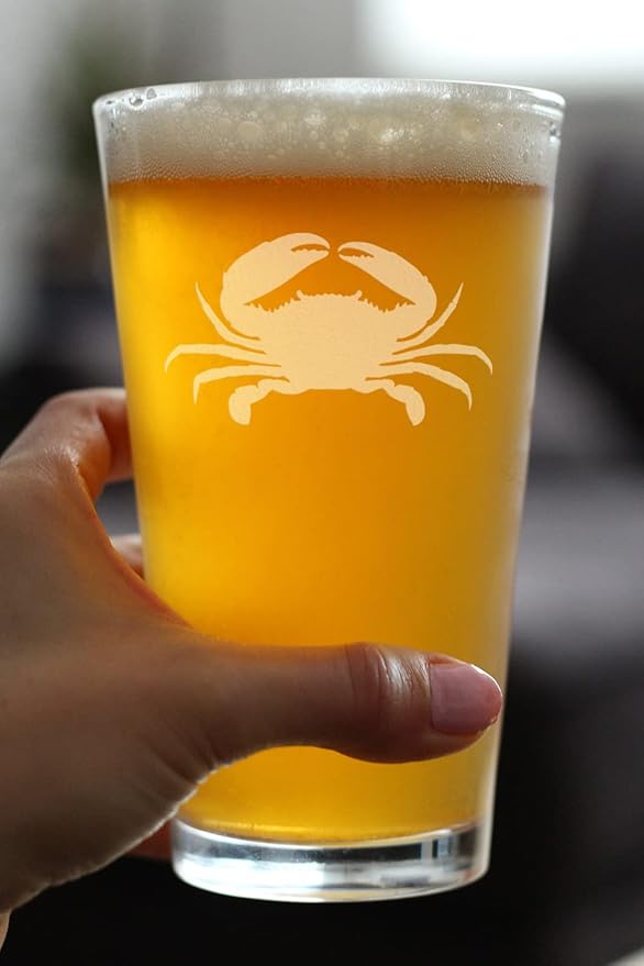 Crab Pint Glass for Beer - Beach Themed Decor and Gifts for Ocean Lovers - Engraved Silhouette - 16 Oz Glasses