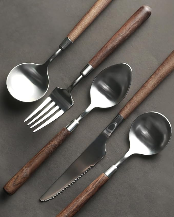 4-Piece Wood Handle Silverware Set - Service for 1, Natural Walnut Wood & 304 Stainless Steel Flatware, Elegant Brushed Finished Brown/Silver Cutlery (1 Set-4 Piece)