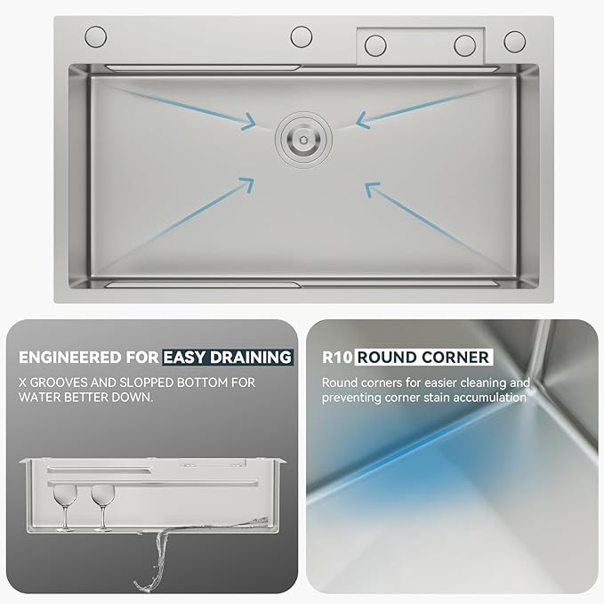 Lordear 33 Watefall Drop In Kitchen Sink 33x19x9 Inch Topmount Sink Stainless Steel 16 Gauge Single Bowl Multifunctional Workstation Sinks with Built-in Accessories,Glass Rinser and Faucet Included