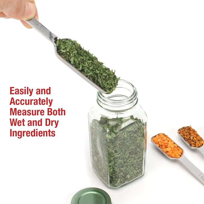 2lbDepot Measuring Spoons Set of 7 Includes Bonus Leveler, Premium, Rust Proof, Heavy Duty, Chrome Plated, Stainless Steel Metal, Narrow, Long Handle Design fits into Spice Jars