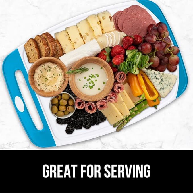 GORILLA GRIP BPA-Free Reversible Kitchen Cutting Board Set of 3, US Designed, Nonporous, Juice Grooves Catch Liquid, Slip Resistant Border, Dishwasher Safe, Durable Large Food Chopping Boards, Aqua