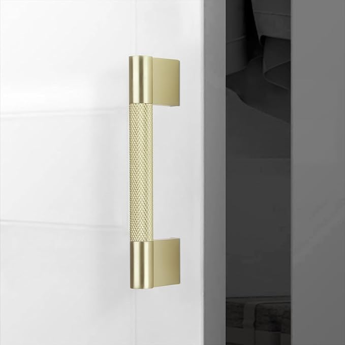 10 Pack 3-3/4 inch(96mm) Brushed Brass Kitchen Cabinet Handles Knurled Cabinet Pulls Gold Drawer Pulls Kitchen Hardware