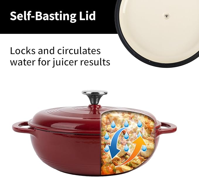 Enameled Cast Iron Dutch Oven Pot with Lid, 3 Quart Shallow Dutch Oven, Oven Safe up to 500° F, Suitable for Bread Baking, Braising, Roasting, Stews, Red