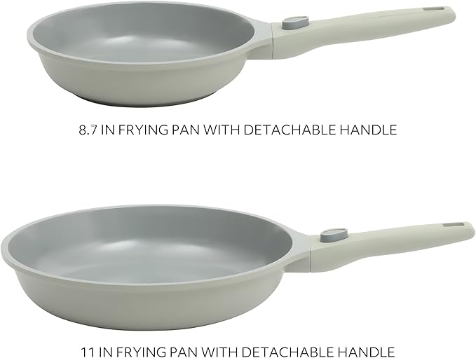 Sur La Table Kitchen Essentials Craft Studio Cast Aluminum Detachable Handle 8 and 10 Inch Skillet Fry Pan Set w/PFA Free Ceramic Non Stick Removable Handle Induction Safe - Juniper Green