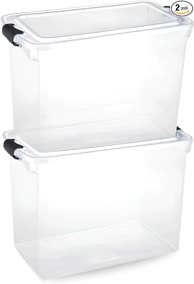 HOMZ 2-Pack Latching Lid, Large Clear Plastic Storage Bins w/Lids, 112 Quart, Gray Latch - Stackable Container Boxes for Home, Bathroom, and Office Organization