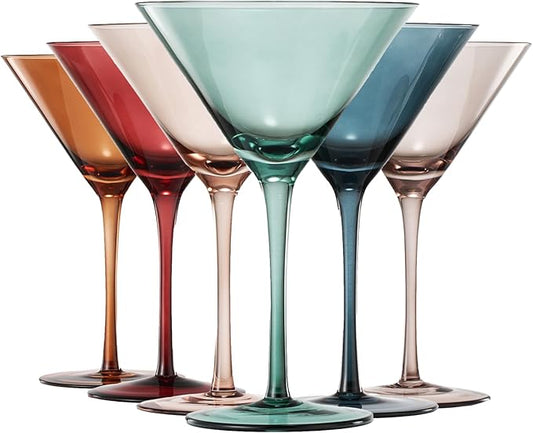Colored Martini & Cocktail Crystal Glasses - 10oz | Set of 6 | Cute Pastel Muted Crystal Cocktail Glassware, Unique Gift Wife, Her, Mom, Friend Cocktails, Red & White Tall Stemmed Drinkware, Gifts