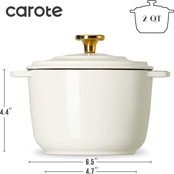 CAROTE 2QT Enameled Cast Iron Dutch Oven Pot with Lid, Mini Round Dutch Oven for Small Sourdough Bread, Stews, Soups, Sauces, Beans, Rice, Serves 1-2, Dual Handles, Healthy & Non-Toxic, All Stovetop Compatible, Oven Safe up to 500° F, White
