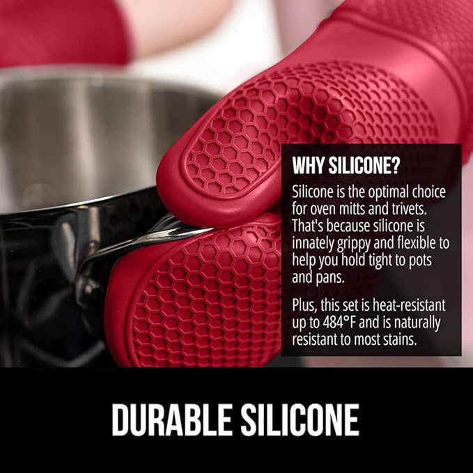 GORILLA GRIP BPA-Free Soft Silicone Oven Mitts and Pot Holders Sets of 4, Heat Resistant Waterproof Cooking Gloves, Thick Cotton Lining, Flexible Gripping for Baking Grilling, Kitchen Trivets, Red