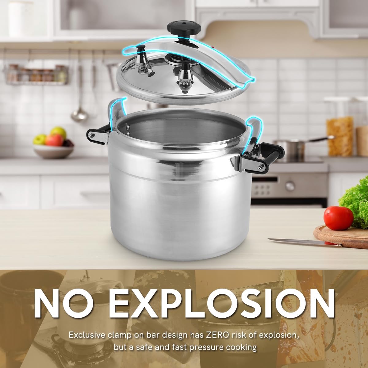 BreeRainz 26 Quart Clamp On Pressure Cooker, Aluminum Pressure Cooker w/Ultra Safe Clamp Bar Locking System, Double Valves for Stable Cooking Pressure, for Family or Commercial Use