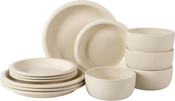 Bloomhouse - Two Time Oprah's Favorite Things Winner - Corsica Clay 12 Piece Stoneware Rustic Reactive Glaze Dinnerware Set - Stackable Plates and Bowls Set. Service for 4 - Matte Sea Salt White