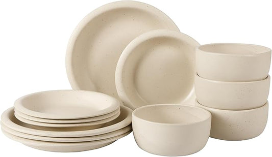 Bloomhouse - Two Time Oprah's Favorite Things Winner - Corsica Clay 12 Piece Stoneware Rustic Reactive Glaze Dinnerware Set - Stackable Plates and Bowls Set. Service for 4 - Matte Sea Salt White