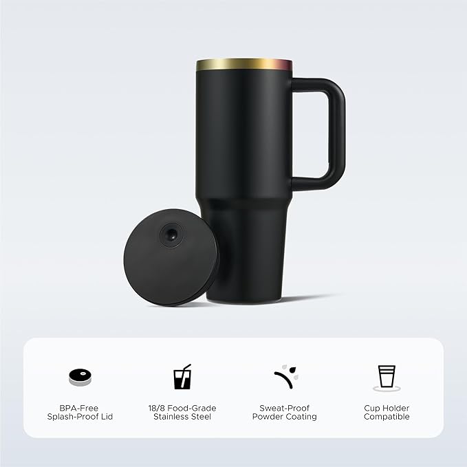 OMTech 40 oz. Tumblers with Handle & Lid, 12 Pack Tumbler Bulk with Double Wall Vacuum Insulation, Food-Grade Stainless Steel Insulated Coffee Mug, Sweatproof Travel Mug for Hot Cold Drinks, Black