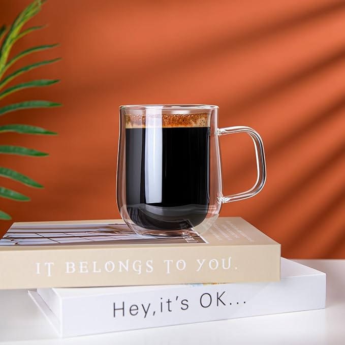 Double Walled Glass Coffee Mugs 12 OZ, Borosilicate Glass Coffee Cups Set of 2 with Spoons, Insulated Clear Coffee Mug for Hot Beverages, Cappuccino, Latte, Tea Bag.