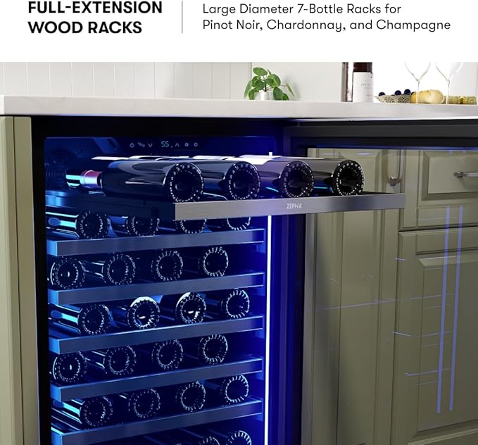 Zephyr Presrv 24" Wine Fridge Single Zone Under Counter - Countertop Wine Cooler Cellars Cabinet Wine Beverage Refrigerator Home Bar Chiller Freestanding with Glass Door, 53 Bottles 750ml