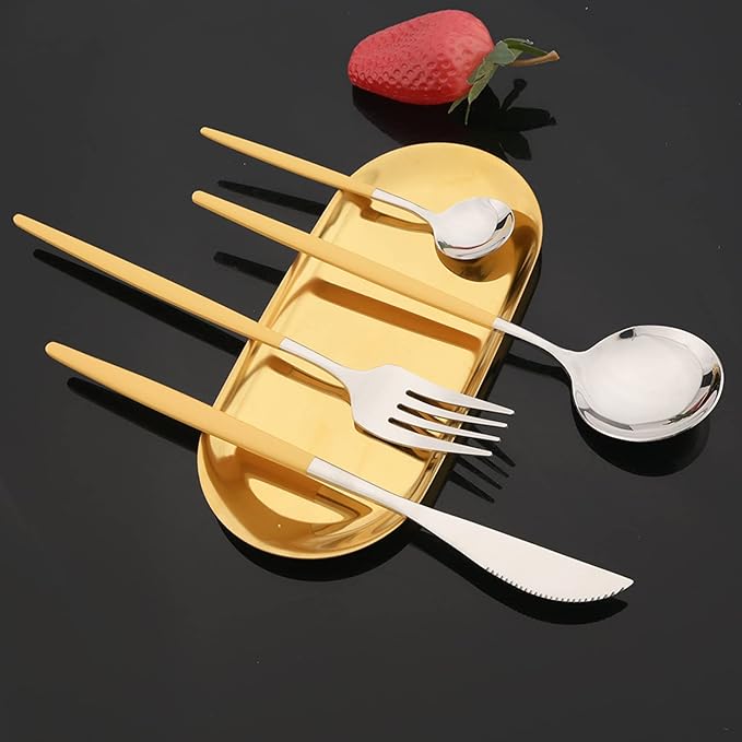 JASHII Flatware Set 24 Piece, Stainless Steel Silverware Set, Macaron Small Fresh Color Cutlery Set, Modern Elegant Tableware Set for Party, Christmas, Dinner (Yellow Silver)