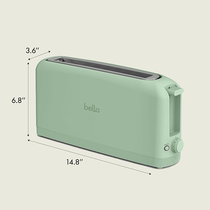 bella 2 Slice Slim Toaster, Fits-anywhere™ Kitchenware, 6 Setting Shade Control with Reheat & Cancel Buttons, Fits Sourdough, 10” Long Slot, Anti Jam & Auto Shutoff, 900 Watt, Seaglass