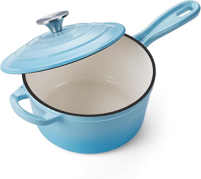 Onader 2 Quart Enameled Cast Iron Saucepan, Small Cast Iron Sauce Pan Pot for Cooking, Enamel Dutch Oven Kitchen Pot – Lake Blue