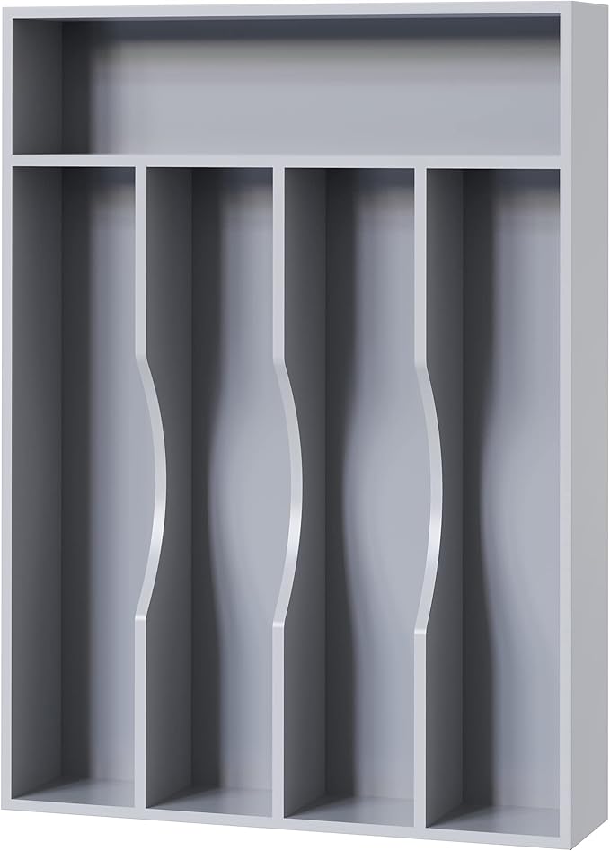 Bellsal Grey Utensil Organizer 10 Inch Silverware Tray for Drawer Utensil Holder Cutlery Organizer Kitchen Drawer Organizer 5 Compartment Small Narrow Bamboo