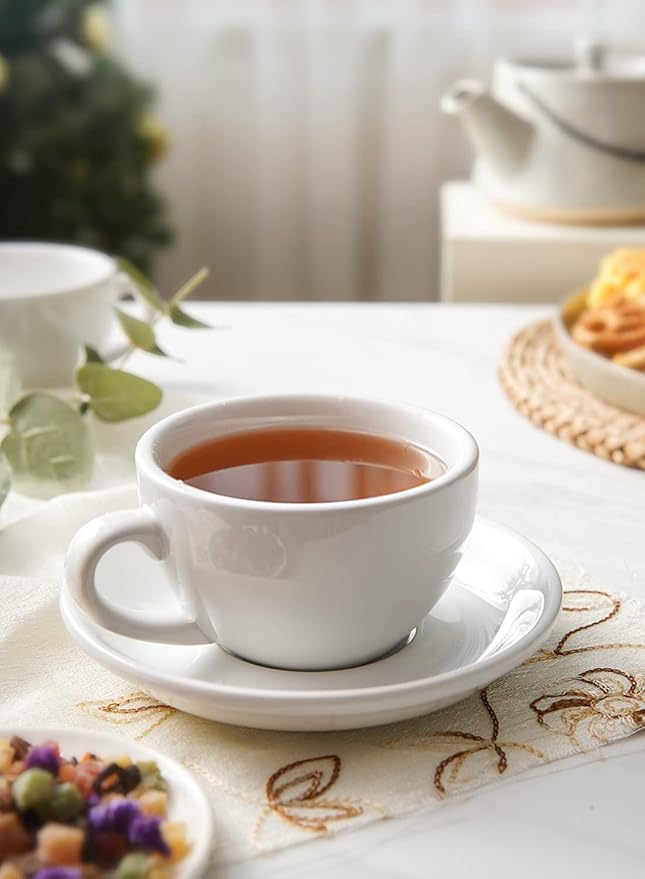 LE TAUCI 8 oz Cappuccino Cups with Saucers, Heavyweight Ceramic Large Coffee Cup for Au Lait, Double shot, Latte, Cafe Mocha, Tea - Dishwasher Safe, Set of 4, White