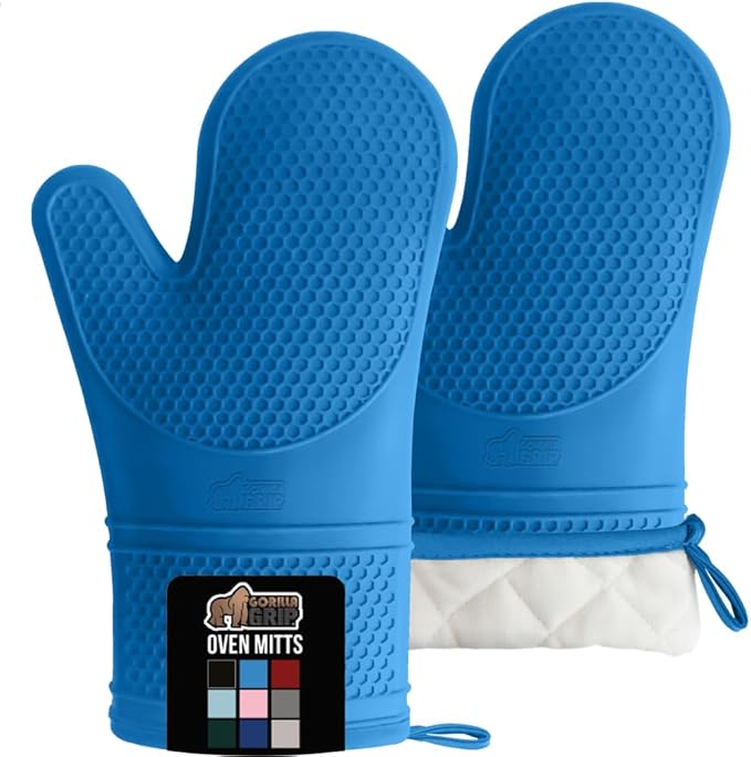 GORILLA GRIP BPA-Free Soft Silicone Oven Mitts, Heat Resistant and Waterproof Cooking Gloves, Thick Cotton Lining, Flexible Gripping for Baking Grilling, Kitchen Potholders Set of 2, 12.5x8.3, Aqua