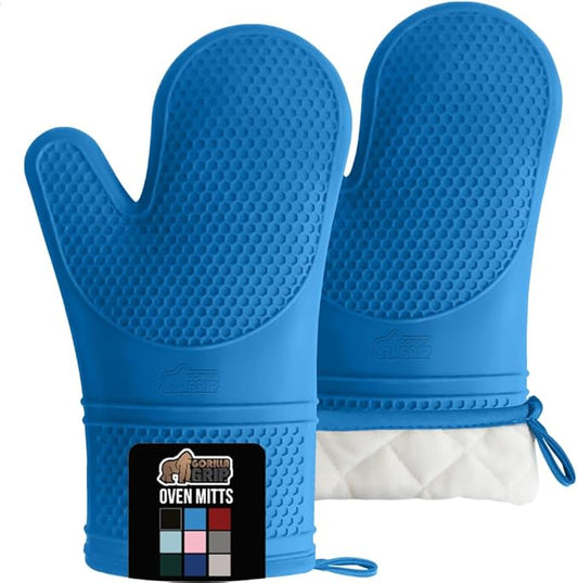GORILLA GRIP BPA-Free Soft Silicone Oven Mitts, Heat Resistant and Waterproof Cooking Gloves, Thick Cotton Lining, Flexible Gripping for Baking Grilling, Kitchen Potholders Set of 2, 12.5x8.3, Aqua