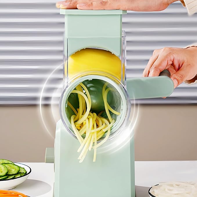Rotary Cheese Grater with Handle,Replaceable Stainless Blades Cheese Shredder,Multi-Functional Cheese Vegetable Slicer with Storage Box,Easy to Clean Kitchen Gadgets with Storage Box (Green, 3 Blades)
