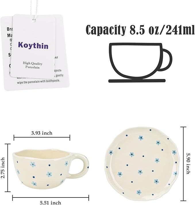 Koythin Ceramic Coffee Mug with Saucers, Handmade Flowers Mugs, Cute Cup for Girl Women, Aesthetic Tea Milk Cup with Handle, 8.5 oz/250 ml for Latte, Cocoa, Office, Home (Dot Blue Flower)
