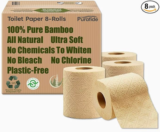 100% Bamboo, thick 3-ply toilet paper, tree-free, unbleached, sustainable, 300 sheets per roll (TP 8 rolls)