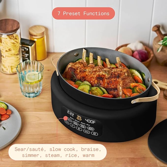 Beautiful 10-in-1,6Qt Electric Multi-Cooker with 7 Presets,Oven-Safe Pot & Lid,Sauté,Steam,Slow Cook,Slow Cooker, Simmer, Rice & More – Touch Display, Dishwasher Safe, Serves Up to 7 (Black Sesame)