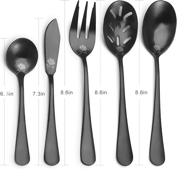 Matte Black Serving Set, sharecook 5-Piece 18/0 Stainless Steel Large Hostess Set with Round Edge, Satin Finished, Dishwasher Safe -Spoons, Forks,Butter Knife& Slotted Spoon