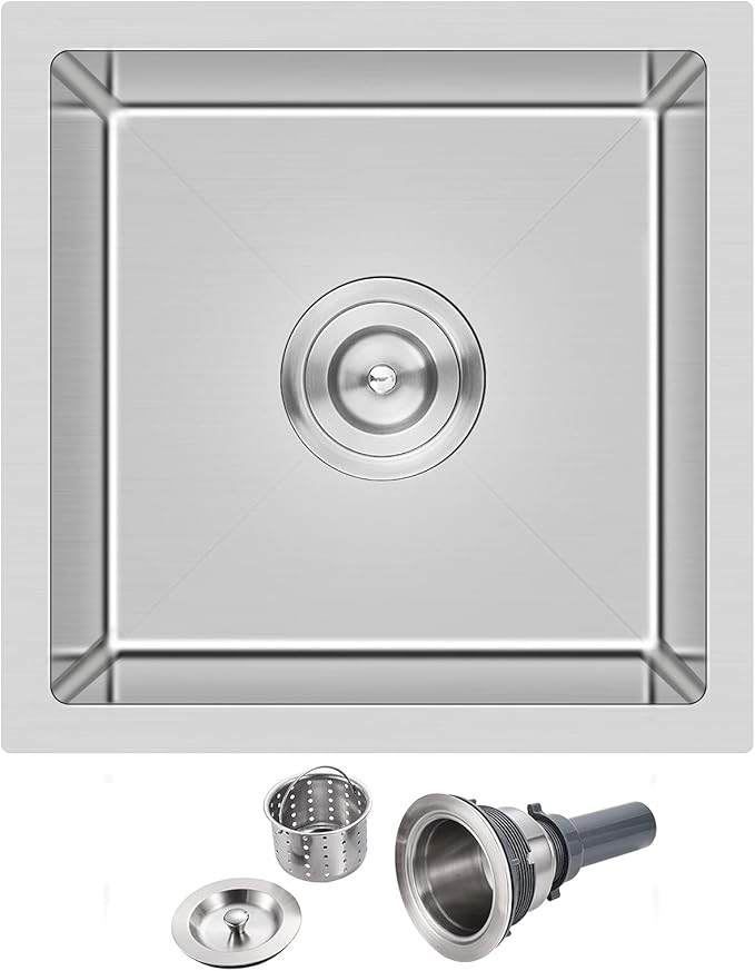 Bar Sink, ROVATE 15 x 15 inch Bar or Prep Kitchen Sink Undermount, Single Bowl T-304 Stainless Steel Small Sinks Handmade with Strainer