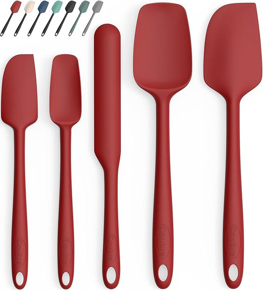 Coukre Silicone Spatula Set of 5,High Heat Resistant, Food Grade Silicone, Upgraded Extended Reinforced Handle,Dishwasher Safe, for Baking, Cooking (Pure Red, Solid color)
