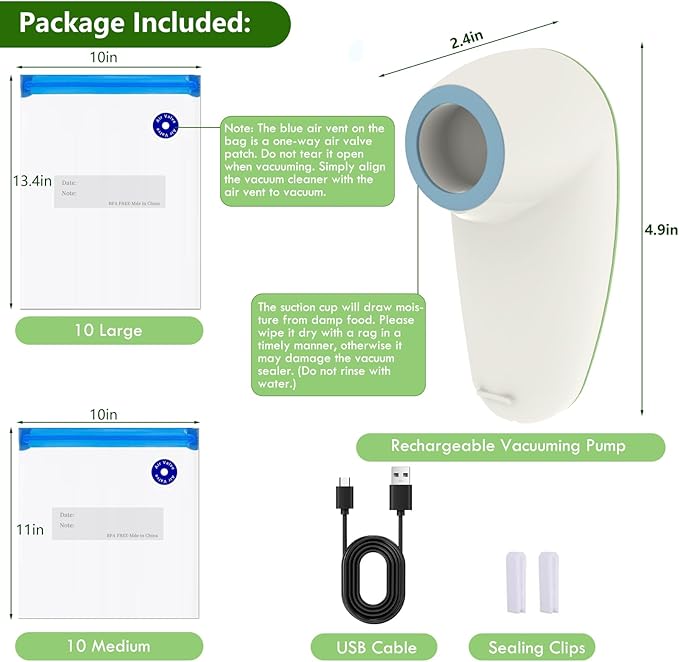 New Handheld Vacuum Sealer for Food storage, Sous Vide and Meal Prep, 1 Vacuum Sealer + 20 Food Reusable Bags (10 Pcs M+10 Pcs L)