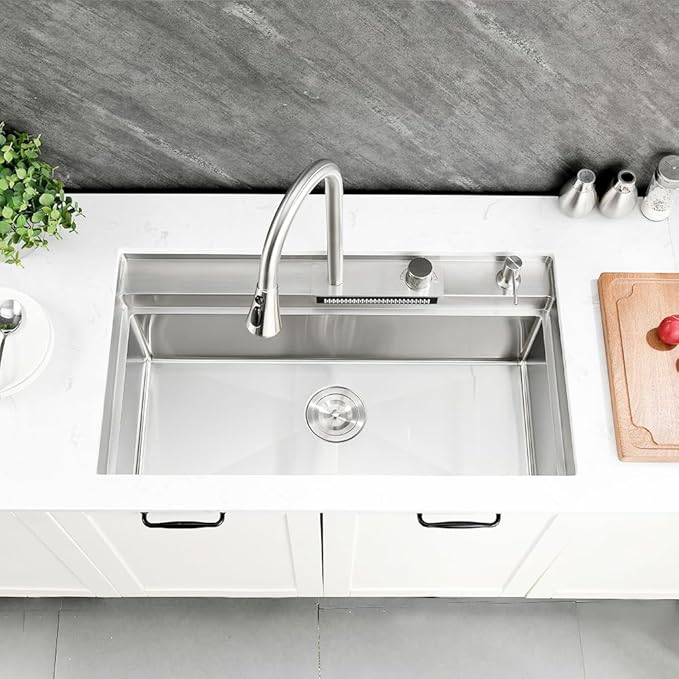 33 Inch Undermount Waterfall Kitchen Sink Workstation, 33x19 Undermount Kitchen Sink Stainless Steel Waterfall 16 Gauge Single Bowl Sinks and Faucet Combo