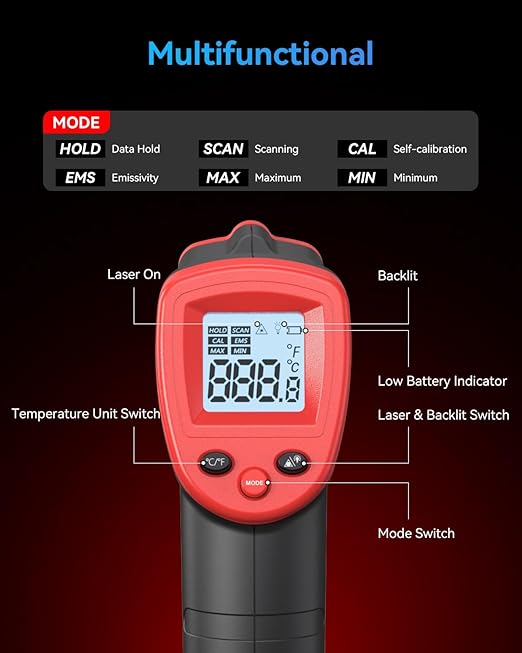 Wintact Infrared Thermometer Temperature Gun -58℉ to 1094℉, Digital IR Heat Surface Temp Gun, Non-Contact Laser Thermal Gun for Cooking Food, BBQ, Pizza Oven, Grill, Griddle Accessories