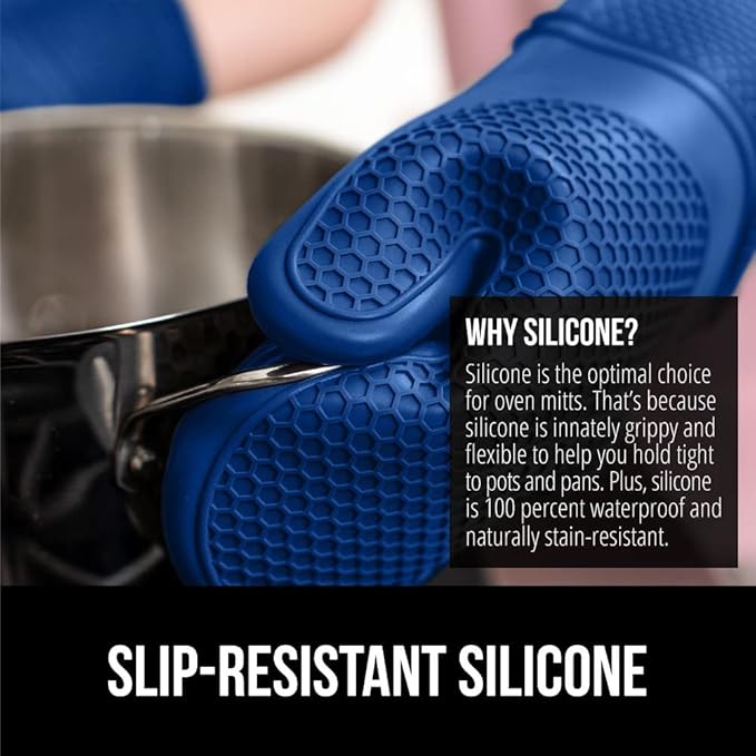 GORILLA GRIP BPA-Free Soft Silicone Oven Mitts, Heat Resistant and Waterproof Cooking Gloves, Thick Cotton Lining, Flexible Gripping for Baking Grilling, Kitchen Potholders Set of 2, 12.5x8.3, Blue