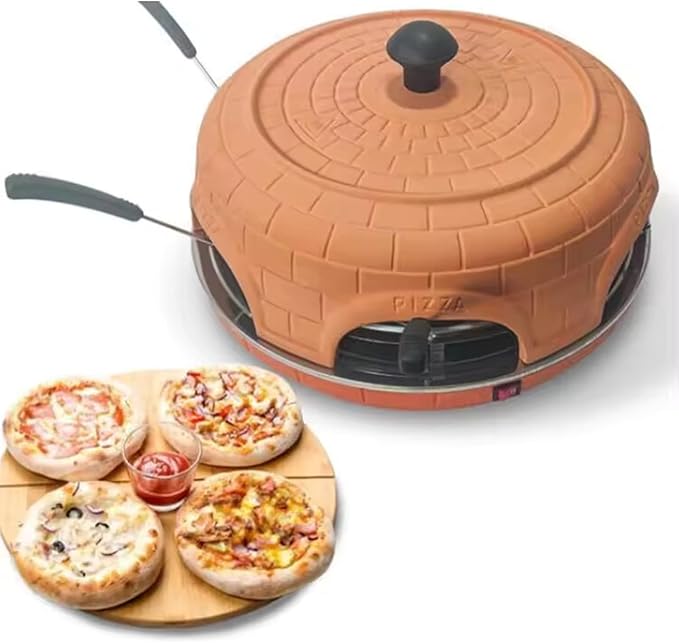 Electric Pizza Oven Family Sharing Pizza Maker with Terracotta Cover, Mini Smokeless Pizza Bake Oven for Pizza Party Home Party (6 PERSON)