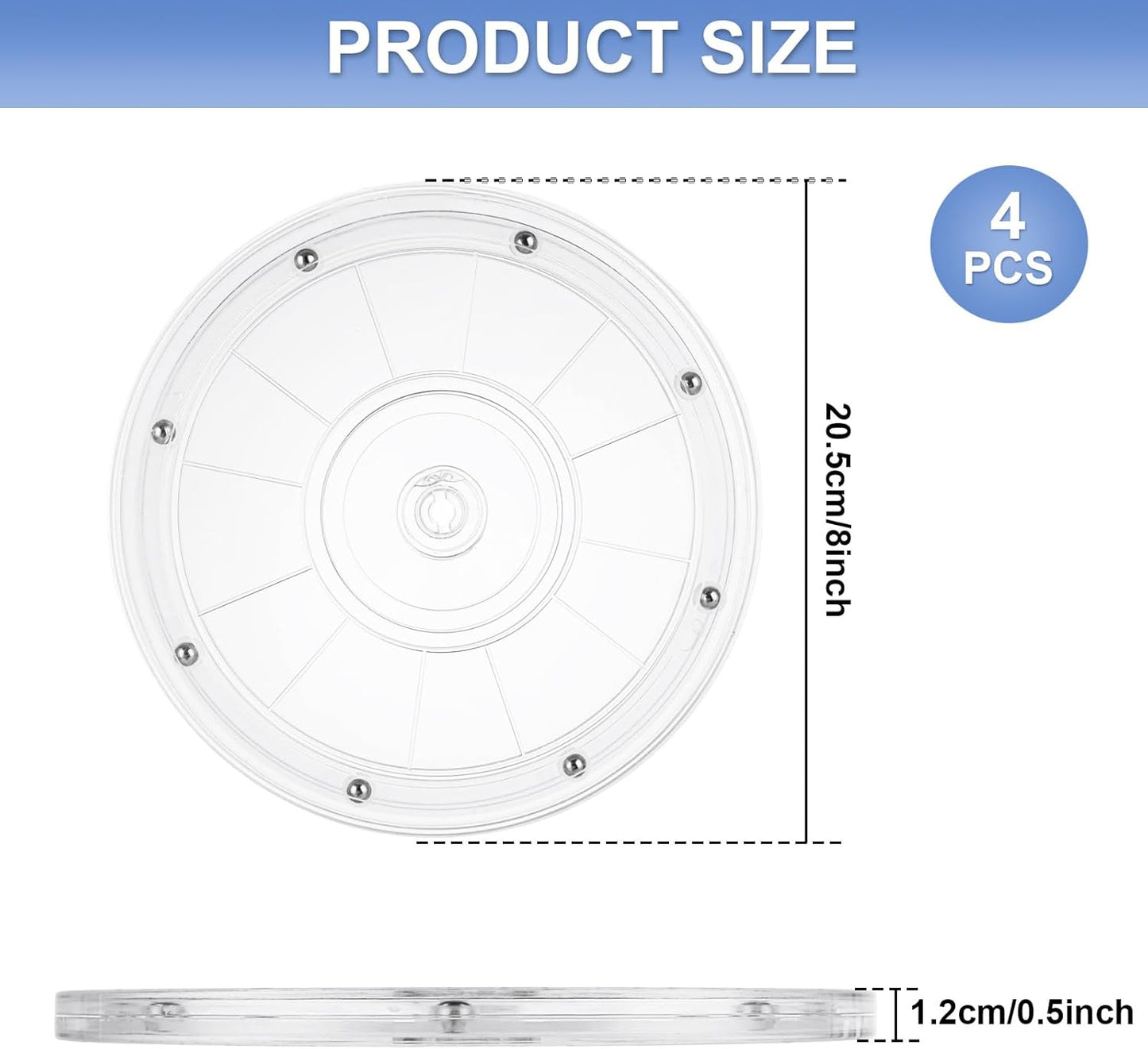 4 Pcs 8 Inch Lazy Susan Turntable Acrylic Ball Bearing Rotating Tray, Clear Turntable Organizer, Rotating Base Clear Acrylic Plates for Pantry, Cabinet, Spices, Makeup, (360˚ Rotation)