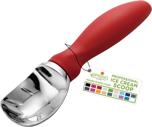 Spring Chef Ice Cream Scoop with Soft Grip Handle, Professional Heavy Duty Sturdy Scooper, Premium Kitchen Tool for Cookie Dough, Gelato, Sorbet, Red
