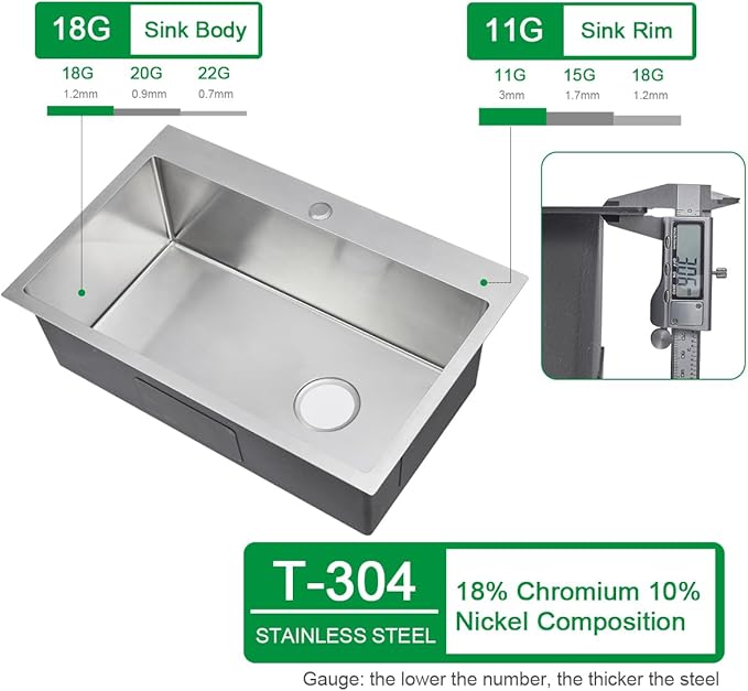 28x18x9 Inch Kitchen Sink Drop in, Handmade 304 Stainless Steel Single Bowl, Centre-Offset Drain, R10 Tight Corner, Topmount Kitchen Sink with Strainer & Bottom Grid
