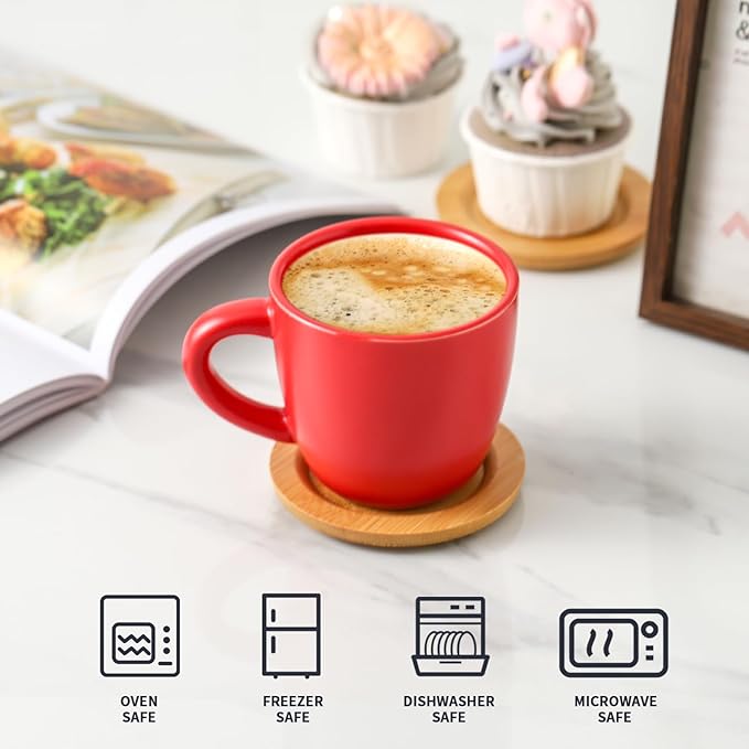 Hasense 8 oz Tea Cups and Saucers Set of 6, Ceramic Coffee Cups with Handle, Latte, Cappuccino, Espresso, Stackable for Party, Home and Kitchen, Red