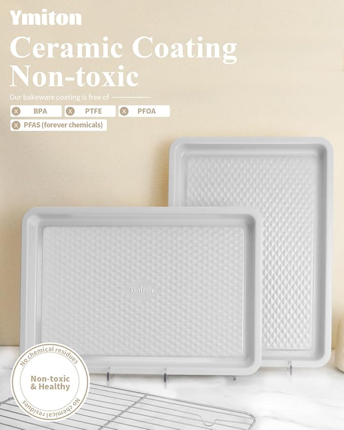 Nonstick Ceramic Baking Sheet With Rack, 2-Pack 15x10 Jelly Roll Sheet Pan, Non-Toxic, PTFE & PFOA Free, Warp-Free, Oven Safe 550°F, Dishwasher Safe, Aluminized Steel, Gray Yellow
