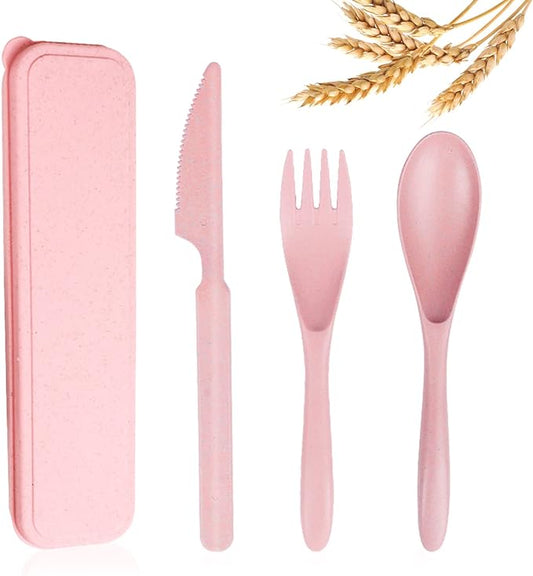 Reusable Travel Utensils Set with Case, Pink Wheat Straw Portable Knife Fork Spoons Tableware, Eco-Friendly BPA Free Cutlery for Kids and Adults as Travel Picnic Camping Utensils