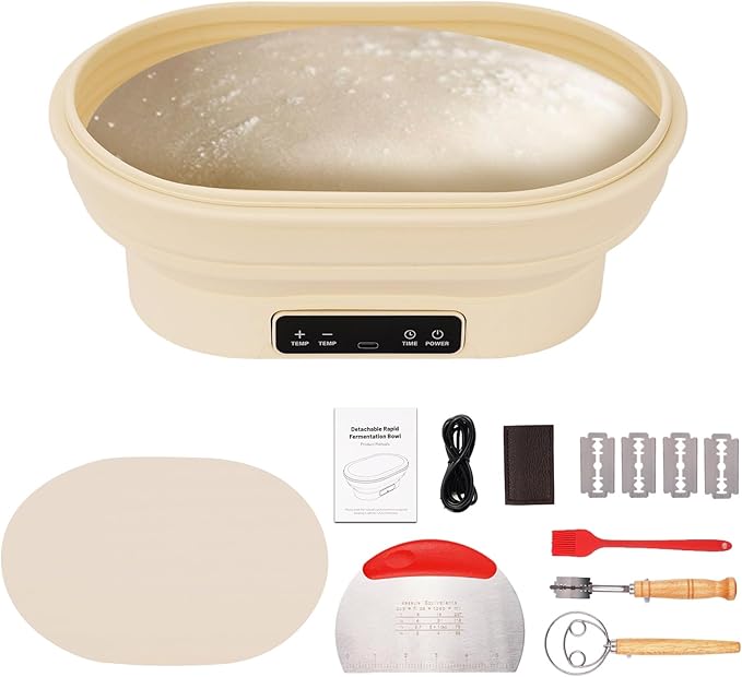 2L Heating Bread Proofing Basket Set Foldable Thermostatic Silicone Bowl with 77-122℉ 6 Gears Temperature & 6H Timer, for Artisan Baking Sourdough Starter Bread Making Supplies Tools Kit