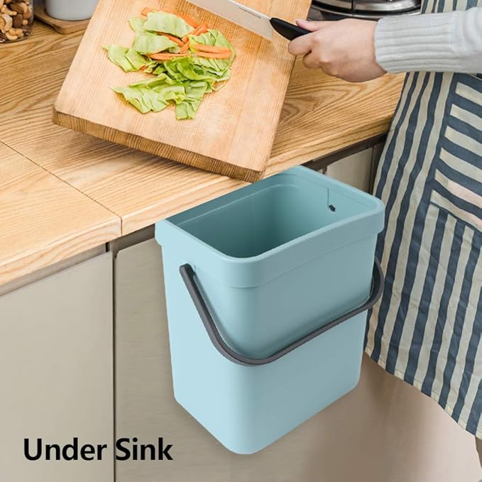 Hanging Small Trash Can with Lid Under Sink for Kitchen, 5 L/ 1.3 Gallons Plastic Waste Basket,Food Waste Bin,Kitchen Compost Bin for Counter Top,Bathroom/Office (Blue)