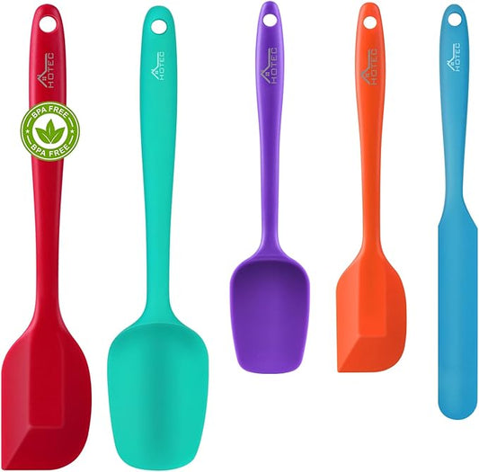 HOTEC Heat Resistant 600℉ Food Grade Silicone Rubber Spatula Set for Baking, Cooking, and Mixing Non Stick Dishwasher Safe BPA-Free Multicolor Set of 5