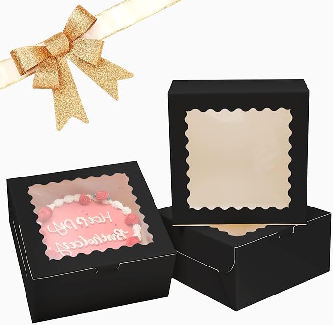 Bakepacker 36pcs 6x6x5 Inches Cake Boxes with Window 18-Packs Black Cake Boxes 6 Inch Bakery Boxes (18 Cake Boxes +18 Cake Boards Included)